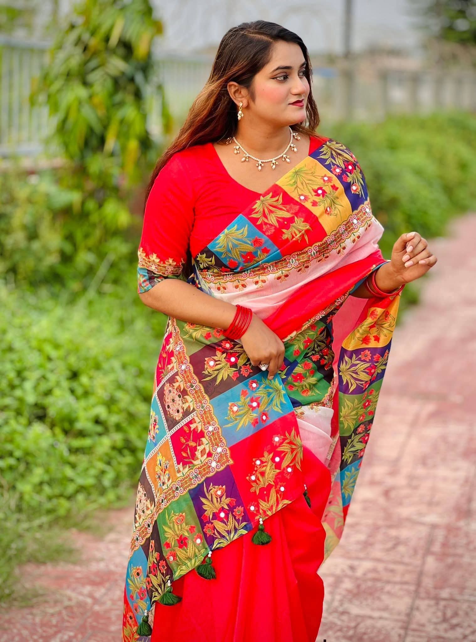 চান্দেরি সিল্ক ডিজিটাল প্রিন্ট শাড়ি